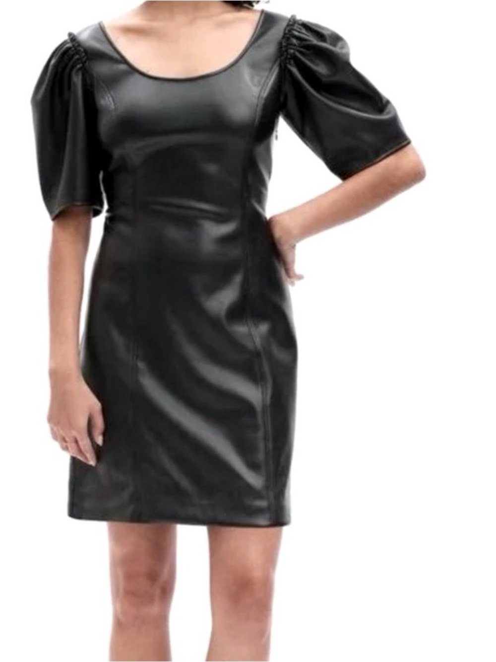 GAP Black Vegan Leather Puff-Sleeve Mini Dress
